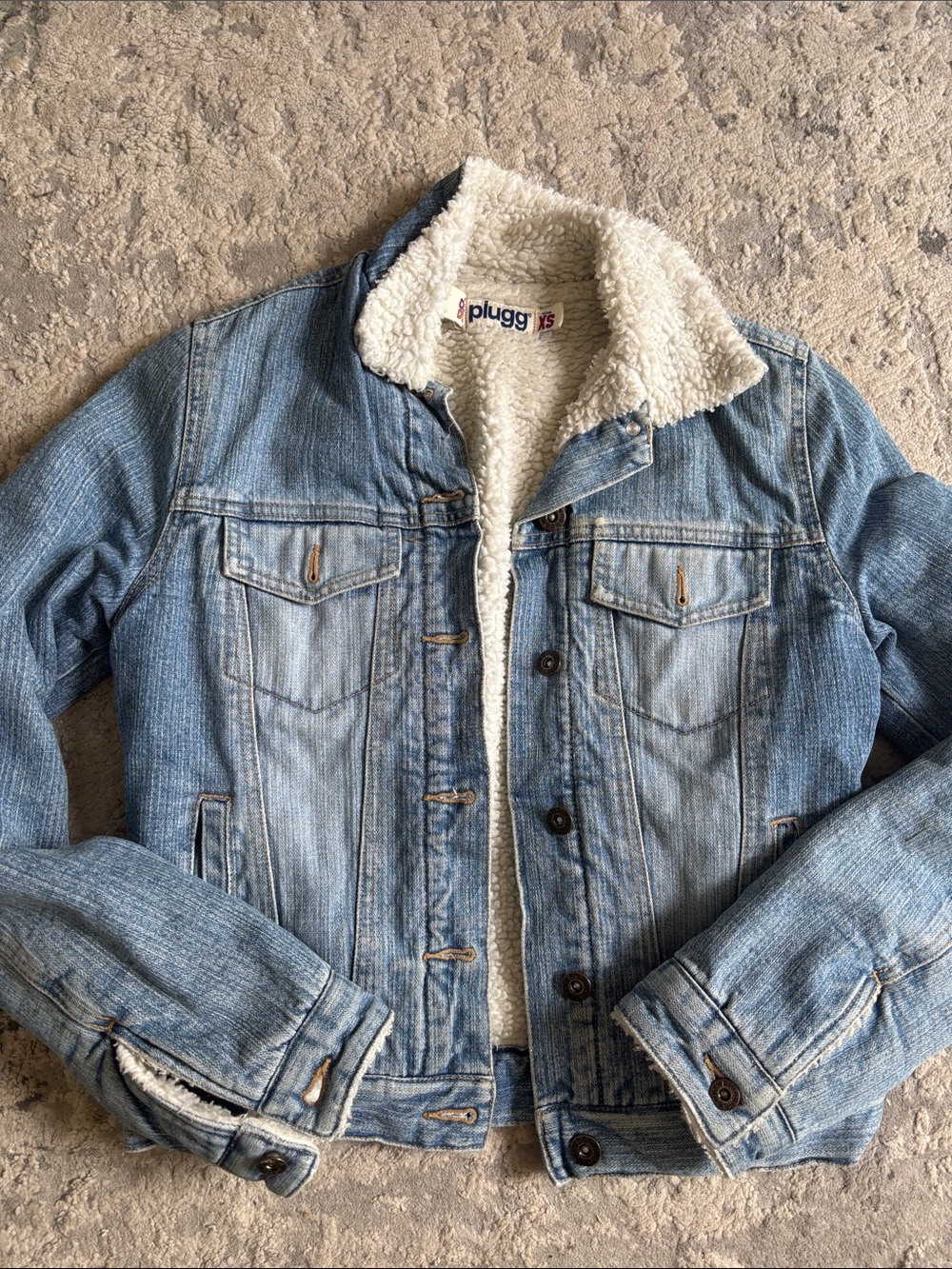 Plugg Y2K Light Blue Denim Jacket with Cream Sherpa Collar